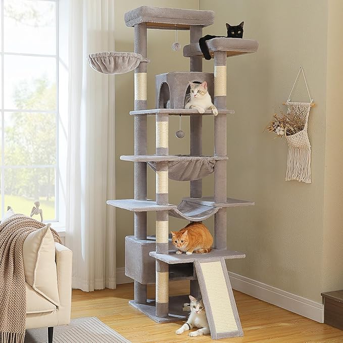 81 Inches Tall Cat Tree for Indoor Cats Large Adult - Heavy Duty Multi-Level Cat Tower with Large Metal Frame Hammock, Scratching Pad, 2 Top Perches, 2 Cozy Condos & 6 Scratching Posts - Gray-Mewly Pet