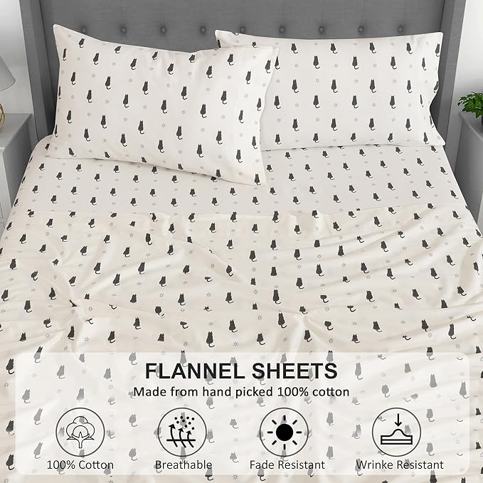 RUVANTI Flannel Sheets Twin XL Size - 100% Cotton Double Brushed Twin XL Sheet Sets, Deep Pockets 16 Inches, All Seasons Breathable & Extra Soft Bed Sheets, Warm & Cozy, 3 Piece, Black Cat