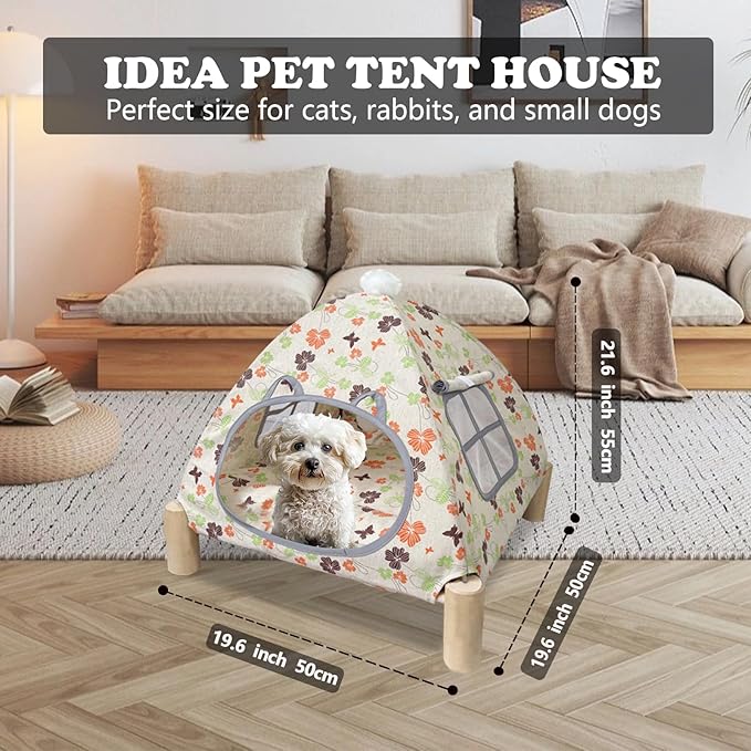 2-in-1 Elevated Cat Tent Cat House, Quick Assembly and Disassembly, Portable Indoor/Outdoor Cute Cat Bed Cave-Butterfly and Flower-Mewly Pet