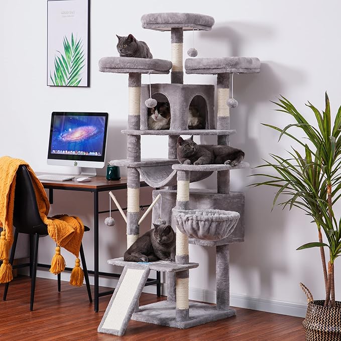 Hey-brother Cat Tree, 71 inches XL Large Cat Tower for Indoor Cats, Multi-Level Cat House with 3 Padded Perches, Big Scratcher, Cozy Basket, 2 Cat Condos and Scratching Posts, Light Gray MPJ034W-Mewly Pet