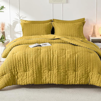 HYMOKEGE Mustard Yellow King Size Comforter Set Seersucker 7 Pieces, All Season Luxury Bed in a Bag for Bedroom, Bedding Set with Comforter, Sheets, Pillowcases & Shams