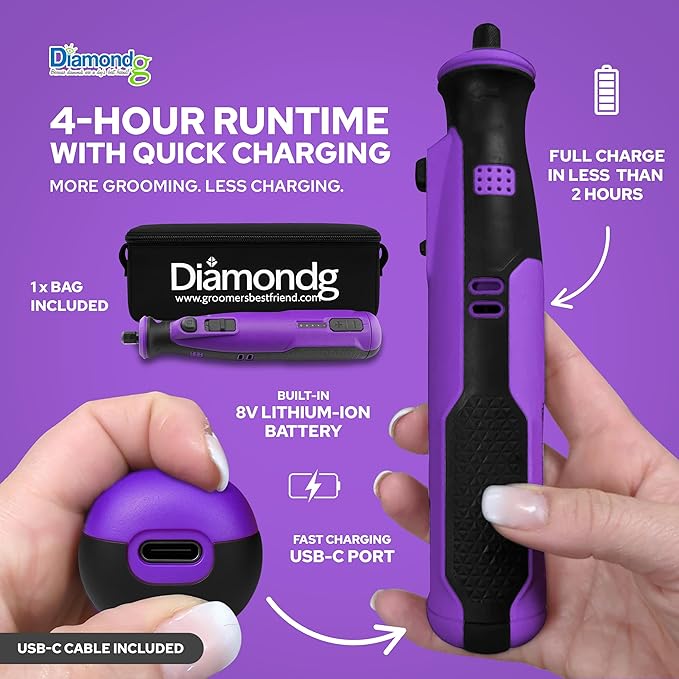 Diamondg Cordless Dog Nail Grinder with Quiet Sound & LED Tip for Large & Small Dogs, 4hrs. Runtime - Electric Dog Nail Trimmer, Heavy Duty Rotary Tool Alternative to Toenail Clippers & Filers-Mewly Pet