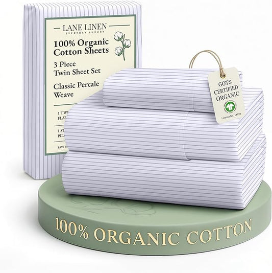 LANE LINEN 100% Organic Printed Cotton Sheets Twin Size, Classic Ticking Stripe Print (Available in Variety of Prints) Soft & Comfy Low Pill Fade Resistant Naturally Cooling Machine wash Twin Sheets