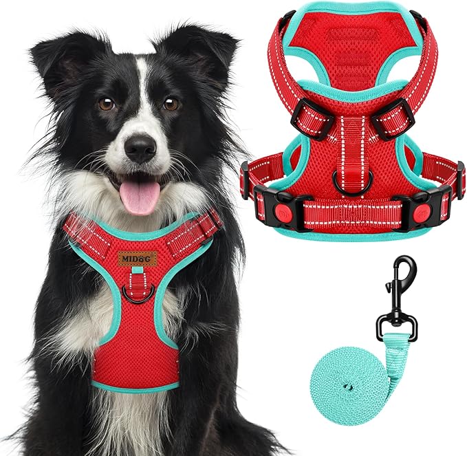 MIDOG No-Pull Dog Harness | Adjustable & Reflective Pet Harness Leash Set for Small Medium Large Dogs Walking, Training| No Choke, Front Clip, Soft Padded Vest with Easy Control Handle - Red, XL-Mewly Pet
