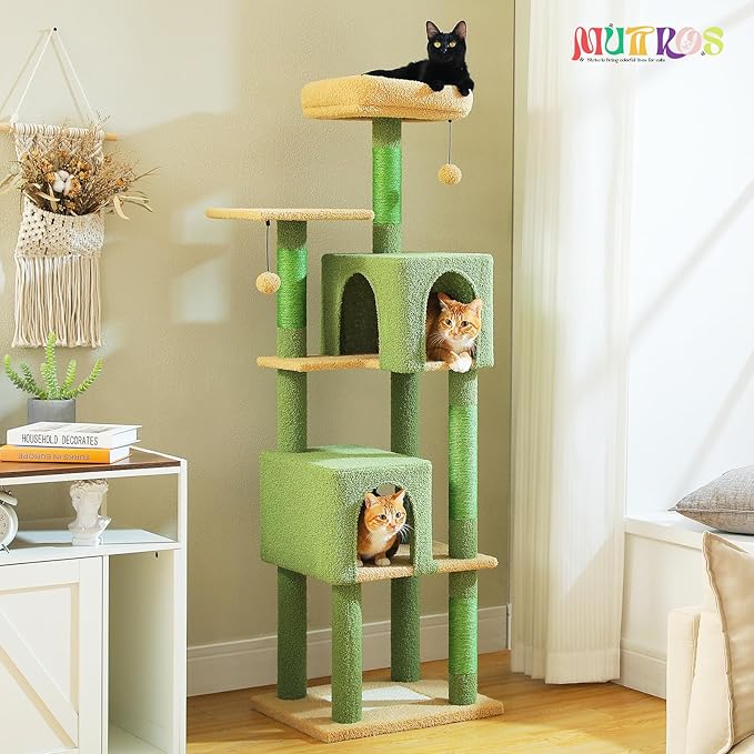 Cactus Cat Tree, 62-Inch Tall Multi-Level Cat Tower with Scratching Posts, Cat Condos for Large Indoor Cats, Plush Cat Bed w/Padded Perches, Scratching Pad & 2 Green Pompoms, Green-Mewly Pet