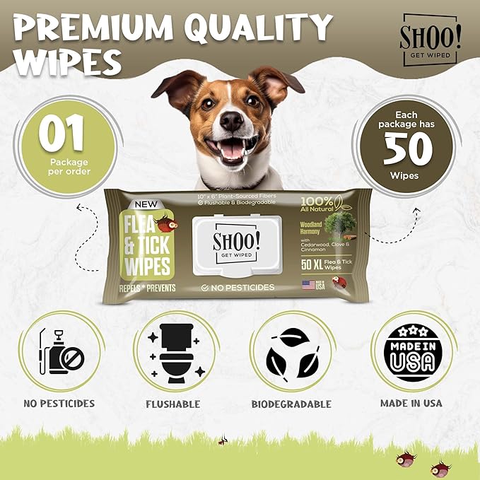Shoo! Flea & Tick Wipes for Dogs | Convenient, Easy On-The-Go Protection | Plant Based, Natural Oils, Chemical Free | Repels & Prevents | 50 XL Wipes | (Woodland Harmony)-Mewly Pet