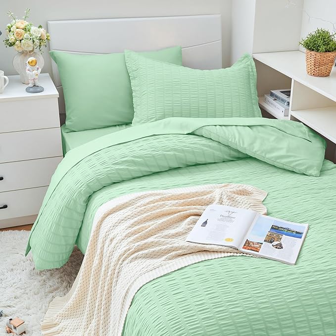 HYMOKEGE Mint Green Twin XL Comforter Set Seersucker 5 Pieces, All Season Luxury Bed in a Bag for Bedroom, Bedding Set with Comforter, Sheets, Pillowcase & Sham