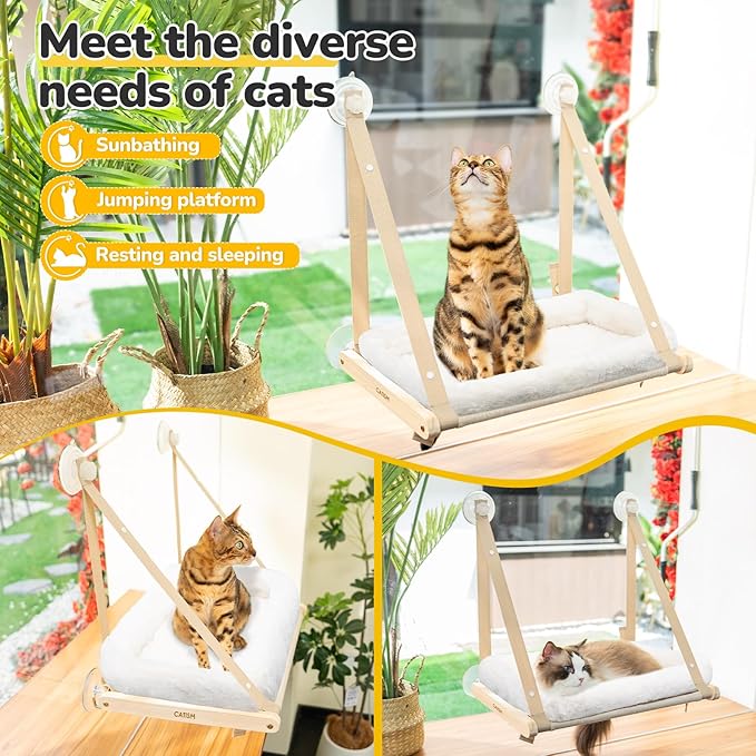 CATISM Cushion Cat Window Perch - Hammock - Window - Seat - Home - Cat Bed for Small to Medium Indoor Cats, Wooden, Machine Washable Cover, Foldable (Khaki, Cushion Bed Cover)-Mewly Pet