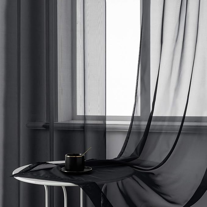 DUALIFE 96 Inches Length Curtains for Living Room Set of 2 Panels Grommet Look Semi Transparent Thin Black Sheer Curtains for Bedroom Backdrop (52" W x 96" L, Black)