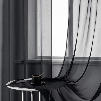 DUALIFE Black Sheer Curtains 45 Inch Length for Basement Windows Set of 2 Panels Grommet Semi Translucent Short Curtains for Small Windows Kitchen Bedroom Bathroom 52x45 Inches Long
