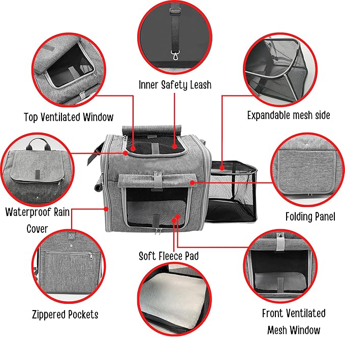 Dog Bike Basket, Expandable Soft-Sided Reflective Pet Carrier Backpack with 4 Open Doors, 4 Mesh Windows for Medium Small Dog Cat Puppies (Grey)-Mewly Pet