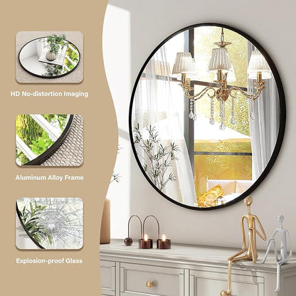 HARRITPURE Round Mirror 19.6 Black Wall Mounted Circle Mirrors Vanity Mirror with Brushed Aluminum Alloy Frame Modern Decoration for Bathroom, Living Room, Vanity, Bedroom, Entryway
