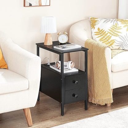 HOOBRO Set of 2 End Tables with Charging Station, Narrow Side Table with Drawers & USB Port & Power Outlets, Nightstand for Small Spaces, Living Room, Stable and Sturdy, Black BK541BZP201