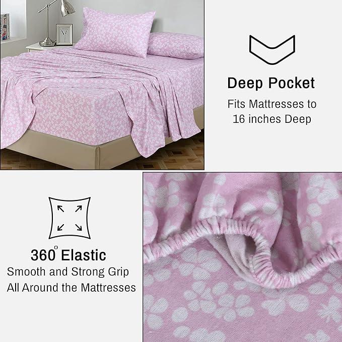 RUVANTI Flannel Sheets Twin Size - 100% Cotton Double Brushed Twin Sheets Set, Deep Pockets 16 Inches, All Seasons Breathable & Extra Soft Bed Sheets, Warm & Cozy, 3 Piece, Pink Flora