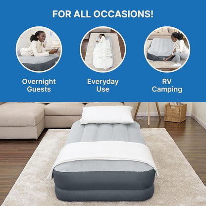 SleepLux Twin Air Mattress Supersoft Snugable Top Extra Durable Tough Guard with Built-in Pillow Raised 15" Airbed with Built in Pump + USB Charger Twin 15", Small, Grey