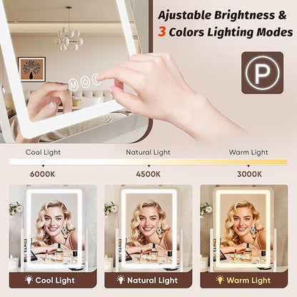 Vanity Mirror with Lights, 18"x13" Hollywood Lighted Makeup Mirror for Tabletop & Bedroom 3 Color Lighting Modes Smart Touch Control 360° Rotation Detachable