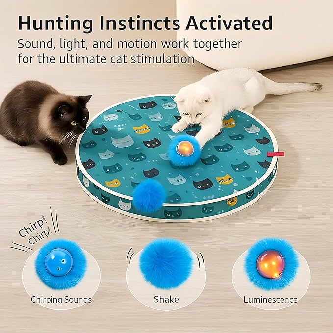 Interactive Cat Toys, Play Mat with Automatic Motion Balls, LED Lights, Bird Chirping Sound, 3 Speed Levels, Indoor Enrichment, Cat Pattern Design-Mewly Pet