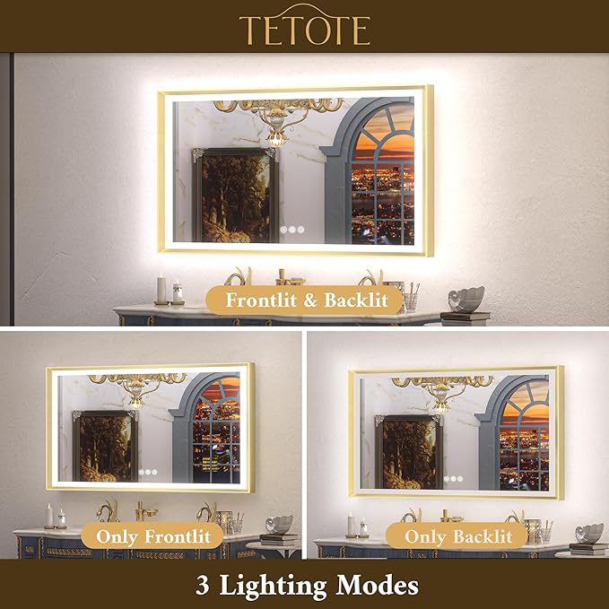 TETOTE 72x36 LED Bathroom Mirror with Lights Gold Metal Framed Front & Back Light Vanity Mirror Baroque Antifog Stepless Dimmable White/Warm/Natural,CRI90+,Waterproof,Wall Mounted(Horizontal/Vertical)