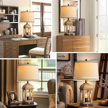 QiMH Table Lamp for Living Room, Farmhouse Lamps Set of 2 with USB A+C and Nightlight, 26" Rustic Bedside Lamps with 3-Way Dimmable Touch Control, Nightstand Lamp for Bedroom Decor, Wood Grain