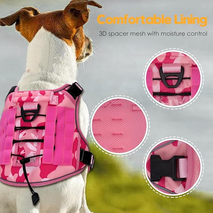 Heavy-Duty Tactical Dog Harness for Large Dogs, No Pull Adjustable Reflective Pet Vest with Molle System, K9 Military-Grade Control for Service Training, Outdoor & 10+ Breeds, Pink Camo, X-Large-Mewly Pet