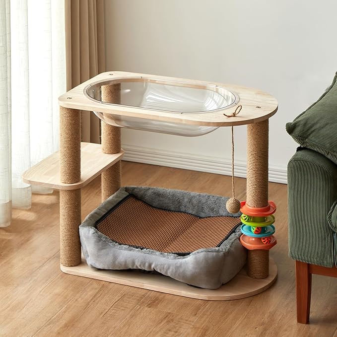 2 Tier Cat Tower,21.85 in cat Perch Wood cat condo with Hammock and Sisal Rope Scratcher Post Hanging Toy Balls for Indoor Large Cats Kittens (Grey)-Mewly Pet