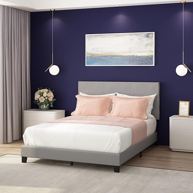Furinno Laval Button Tufted Upholstered Platform Bed Frame, Queen, Glacier