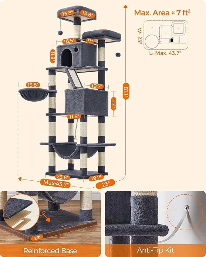 Feandrea Cat Tree, 81.1-Inch Large Cat Tower with 13 Scratching Posts, 2 Perches, 2 Caves, Basket, Hammock, Pompoms, Multi-Level Plush Cat Condo for Indoor Cats, Smoky Gray UPCT190G01-Mewly Pet