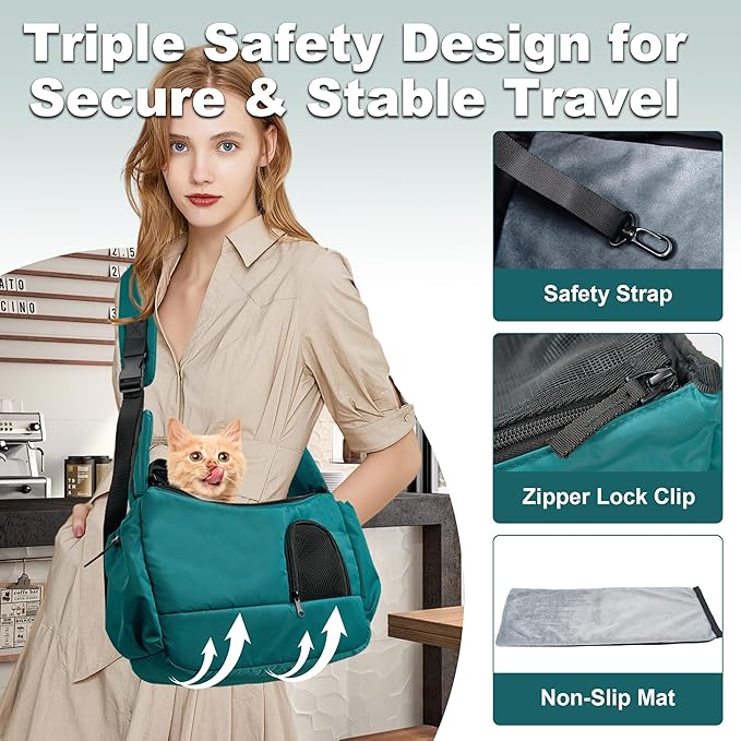 Dog Sling Carrier for Small Pets, Hands-Free Cat Carrier Pouch up to 8.8 lb, Cat Sling with Safety Strap and Pockets, Ideal for Travel and Daily Use, Peacock Blue-Mewly Pet