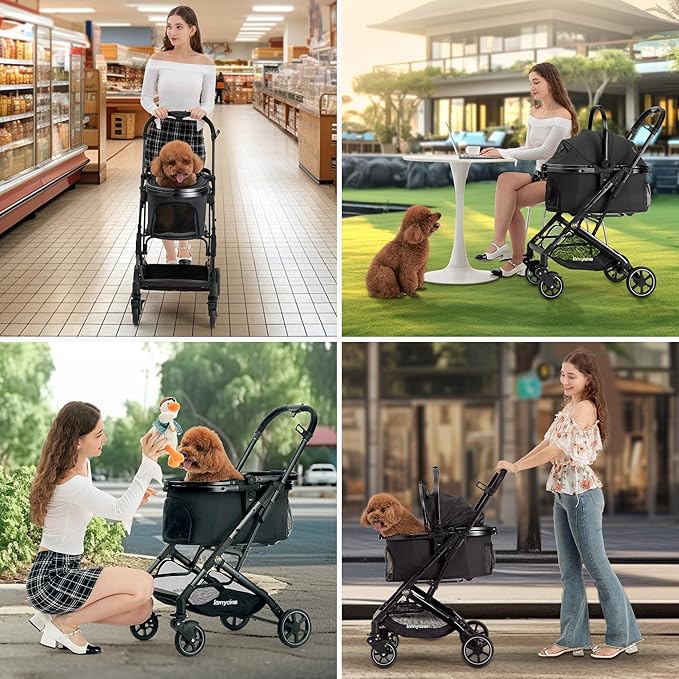 Kenyone 3-in-1 Pet Stroller for Small Medium Dogs Puppy Cat Stroller with Detachable Carrier & Pad Lightweight Foldable Aluminum Alloy Frame Dual No-Zip Entry(Black)-Mewly Pet