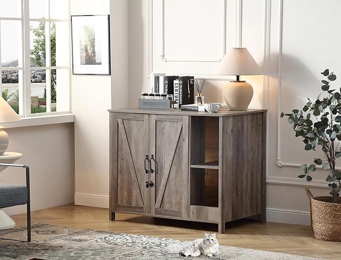 Cat Litter Robot Enclosure,Large Space for Placing Litter Robot 3/4,Power Outlet and Dog-Proof Shelf for Litter Robot Cabinet,Litter Collector for Automatic Litter Box Enclosure,Grey-Mewly Pet