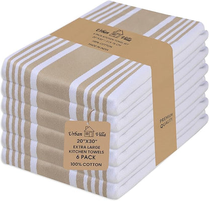 Urban Villa Kitchen Towels 100% Cotton Pack of 6, Highly Absorbent Quick Drying Super Soft Premium Dish Towels for Kitchen with Hanging Loop Hand & Tea Towels - 20x30 Inch, (Taupe & White, Striped)