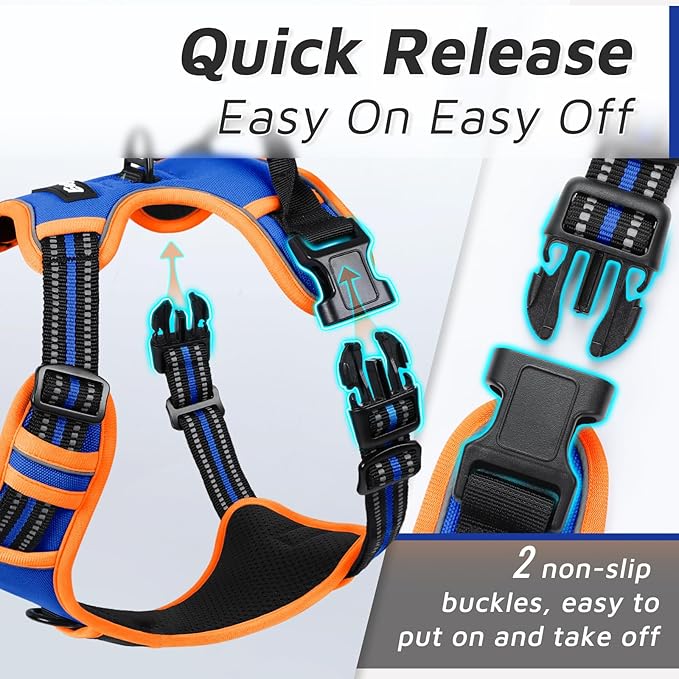 Eagloo Dog Harness for Large Dogs, No Pull Service Vest with Reflective Strips and Control Handle, Adjustable and Comfortable for Walking, No Choke Harness with 2 Metal Rings, Blue & Orange, M-Mewly Pet