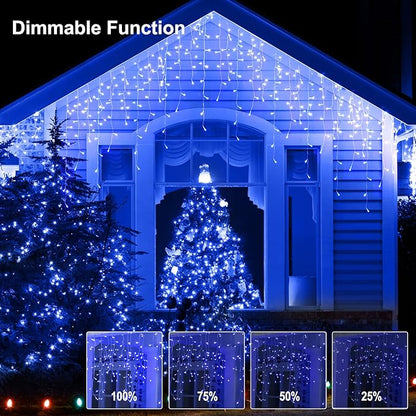 Brightown Blue Icicle Lights, 66Ft 736 LED Outdoor with 138 Drops, 8 Modes Remote and Timer for Halloween, Hanukkah