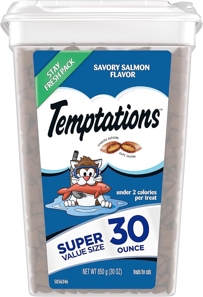 Temptations Classic Crunchy and Soft Cat Treats, Savory Salmon Flavor, 30 oz. Tub-Mewly Pet