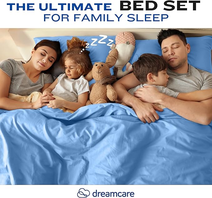 DREAMCARE Queen Sheet Set – 4 pcs Cooling Sheets – up to 21” Extra Deep Pocket Queen Sheets – Hotel Luxury Sheets & Pillowcases – Superior Softness 100% Fine Microfiber with Side Pocket – Light Blue
