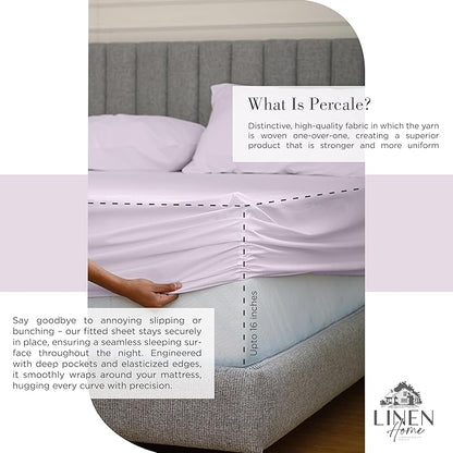 Linen Home 100% Cotton Percale Sheets Full Size, Iris Lilac, Deep Pocket, 4 Pieces Set - 1 Flat, 1 Deep Pocket Fitted Sheet and 2 Pillowcases, Crisp Cool and Strong Bed Linen