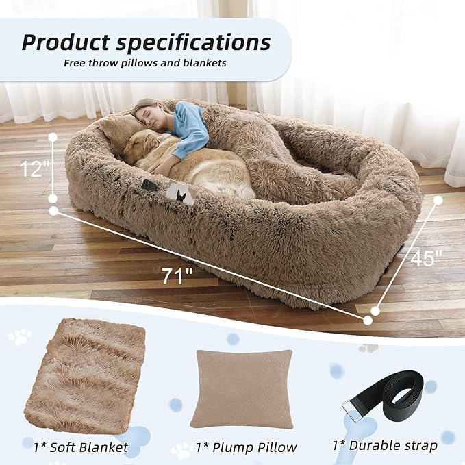 Human Dog Bed, Large Dog Beds for Humans Size Fits You and Pets, Washable Faux Fur Orthopedic Human Pet Bed for People Doze Off, Napping, Present Pillow, Blanket, Strap - Khaki-Mewly Pet