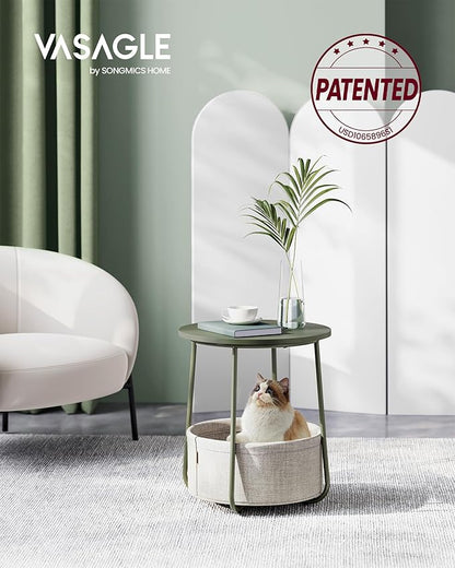 VASAGLE LILEA Collection - Small Round Side End Table, Modern Nightstand with Fabric Basket, Forest Green and Cream White ULET223C80
