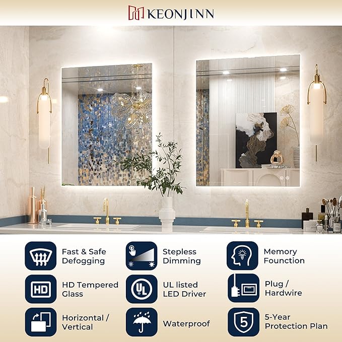 Keonjinn Bathroom Mirror with Lights 32 x 36 Inch, LED Mirror with Backlit, Anti Fog Lighted Mirror with Stepless Dimmable, UL Listed LED Driver, IP44 Waterproof, CRI90+, HD Tempered Glass