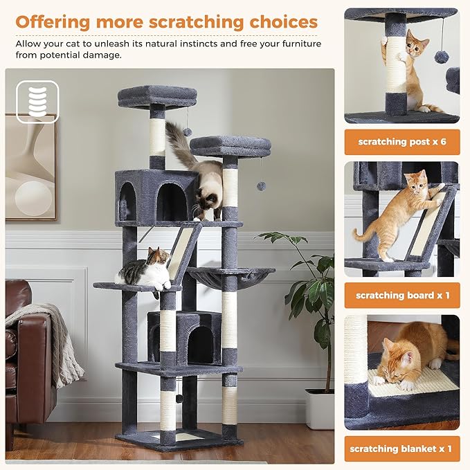 PAWZ Road 70 Inch Cat Tower, Tall Cat Tree with 2 Cozy Condos, 2 Plush Perch, Large Basket, 2 Scraching Pad & 6 Scraching Posts for Indoor Cats Large Adult, Dark Gray-Mewly Pet