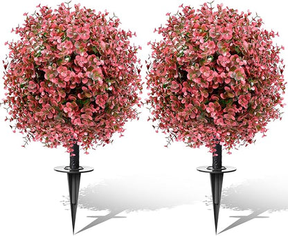 2 Pack 23” Artificial Topiary Bushes for Outdoors Fall Decorations with 7.8” Spike, Red Boxwood Ball Fake Shrubs UV Resistant Faux Plants for Indoor Outdoor Garden Entryway Front Porch Decor