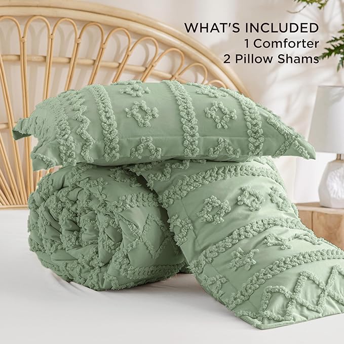 Bedsure Tufted Boho Comforter Set California King - Sage Green Boho Bed Set, GentleSoft™ 3 Pieces Farmhouse Shabby Chic Embroidery Bedding, Gifts for Woman, Soft Jacquard Comforter for All Seasons