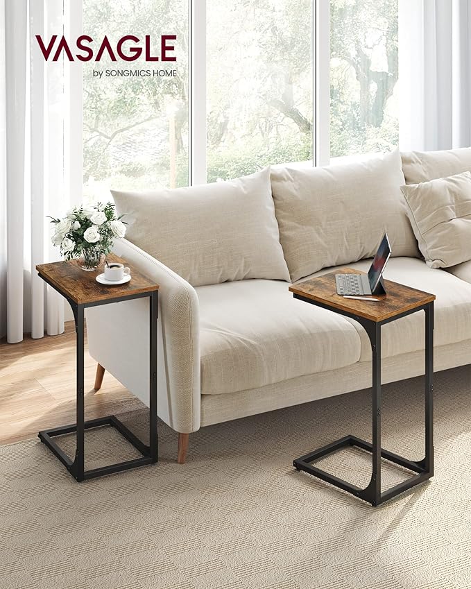 VASAGLE C-Shaped End Table Set of 2, Small Side Table for Couch, Sofa Table with Metal Frame for Living Room, Bedroom, Bedside, Rustic Brown and Black