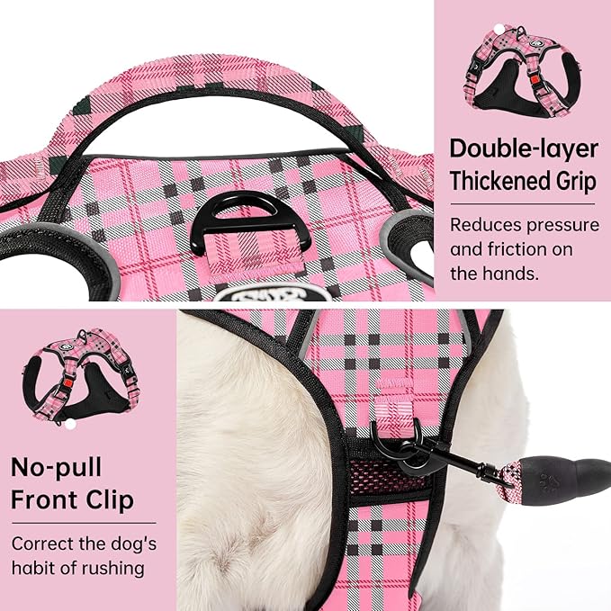 IVY&LANE No Pull Dog Harness with Leash Set, Reflective No Choke Pet Vest,Adjustable Oxford Dog Vest Harness with Easy Control Handle for Large Dogs (Checkered Pink,XL)-Mewly Pet