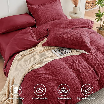 HYMOKEGE Burgundy Full Size Comforter Sets Seersucker 7 Pieces, All Season Luxury Bed in a Bag for Bedroom, Bedding Set with Comforters, Sheets, Pillowcases & Shams