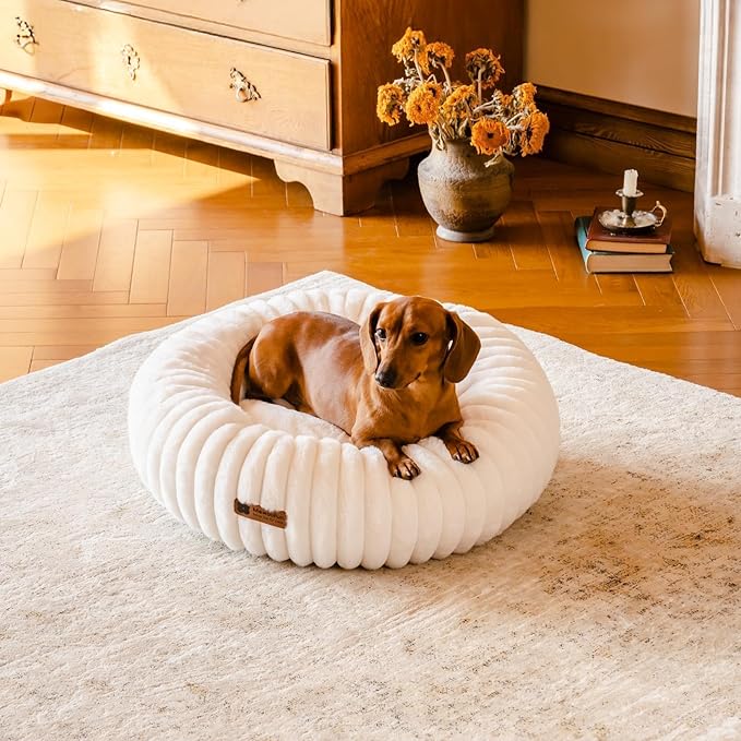 MEWOOFUN Donut Dog Beds for Small Dog, Calming Bed Round Cute Puppy Bed with Non-Slip Bottom, Fluffy Washable Pet Bed for Puppy and Kitten (Cream, S (25x25x7))-Mewly Pet