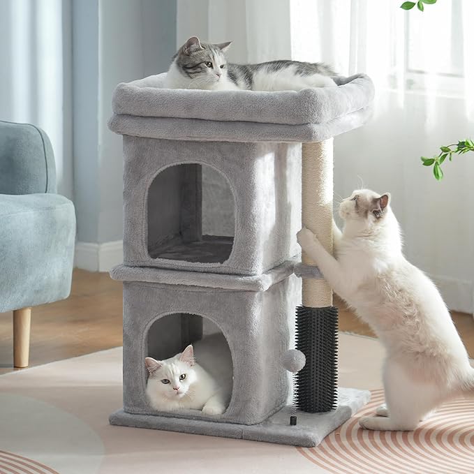 Cat Tree with Large Top Bed 17.7x15.7” Small Cat Tower with Dual Condos,28” Fully Scratching Post and Self Groomer for Indoor Cats-Grey-Mewly Pet