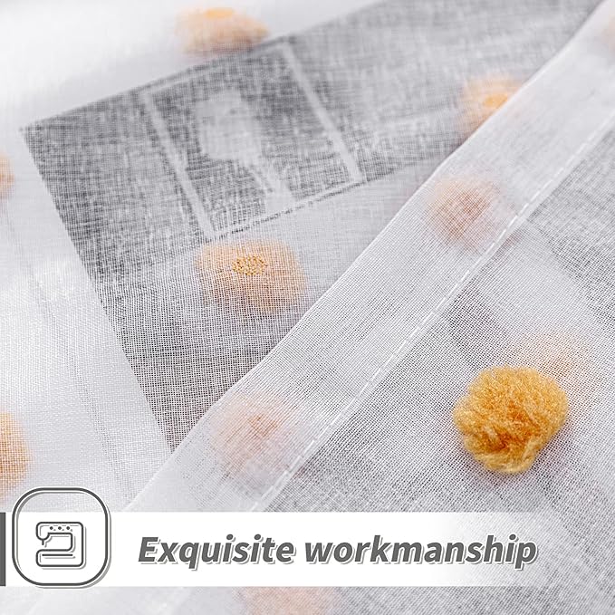 MYSKY HOME Orange Pom Pom Sheer Curtains for Girls Bedroom & Nursery - 72 Inch Long, 2 Panels, Light Filtering, Rod Pocket, Semi Window Drapes - 52 x 72 inch
