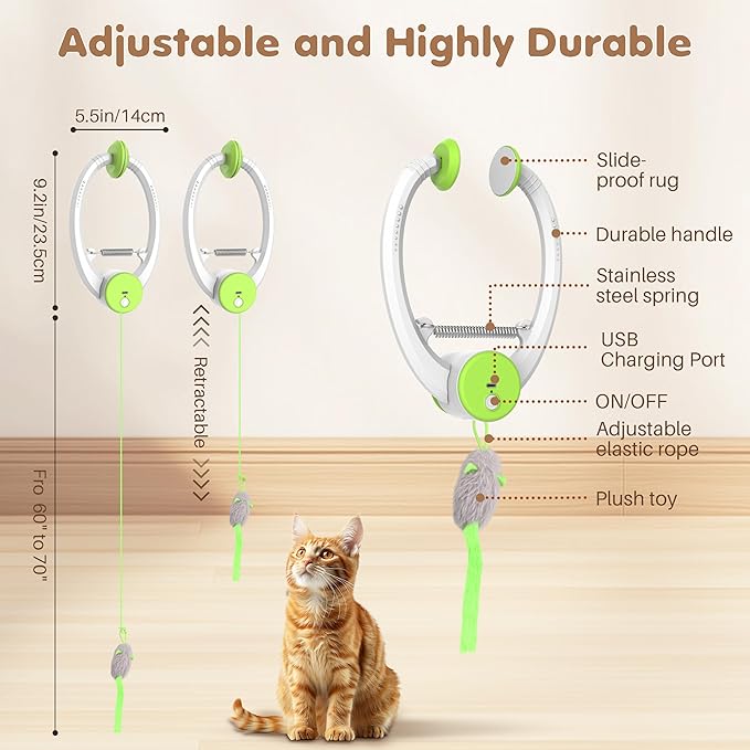 Interactive Cat Toys Rechargeable, Feather Toy for Indoor Cat, Hanging Retractable Teaser Toy, Automatic Kitten Play Chase Exercise Toys with Three Plush Mouse, USB Powered (Green)-Mewly Pet