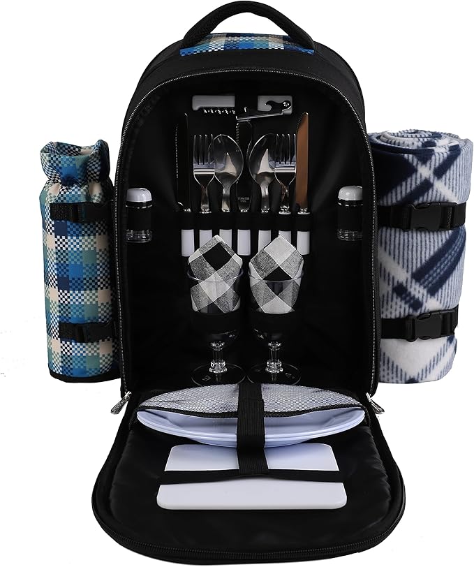 apollo walker Picnic Backpack Bag for 2 Person with Cooler Compartment, Detachable Bottle/Wine Holder, Fleece Blanket, Plates and Cutlery Set-Mewly Pet